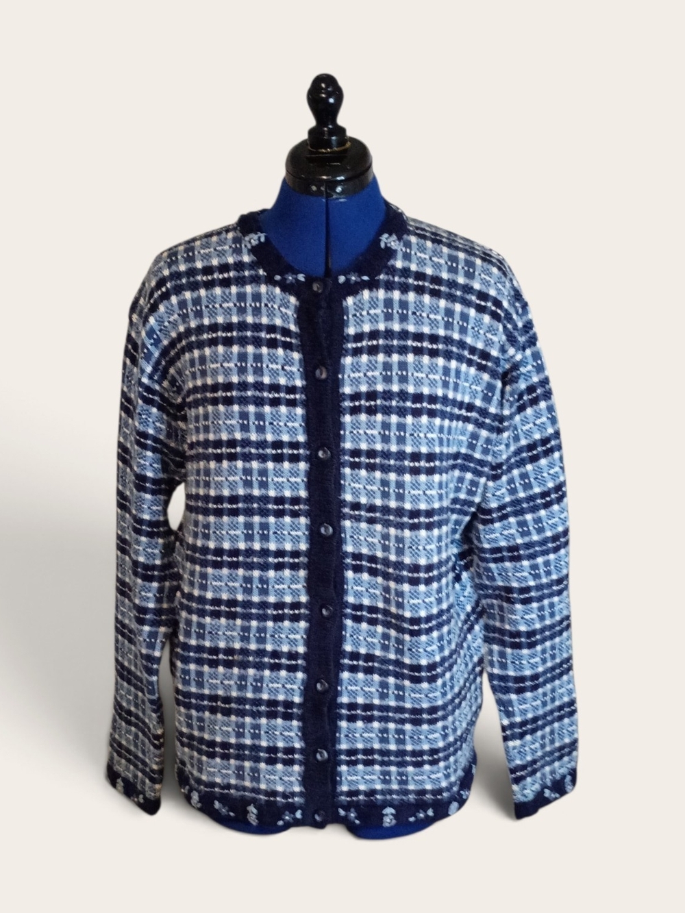 Vintage Navy & White Plaid Knit Button-Front Cardigan
